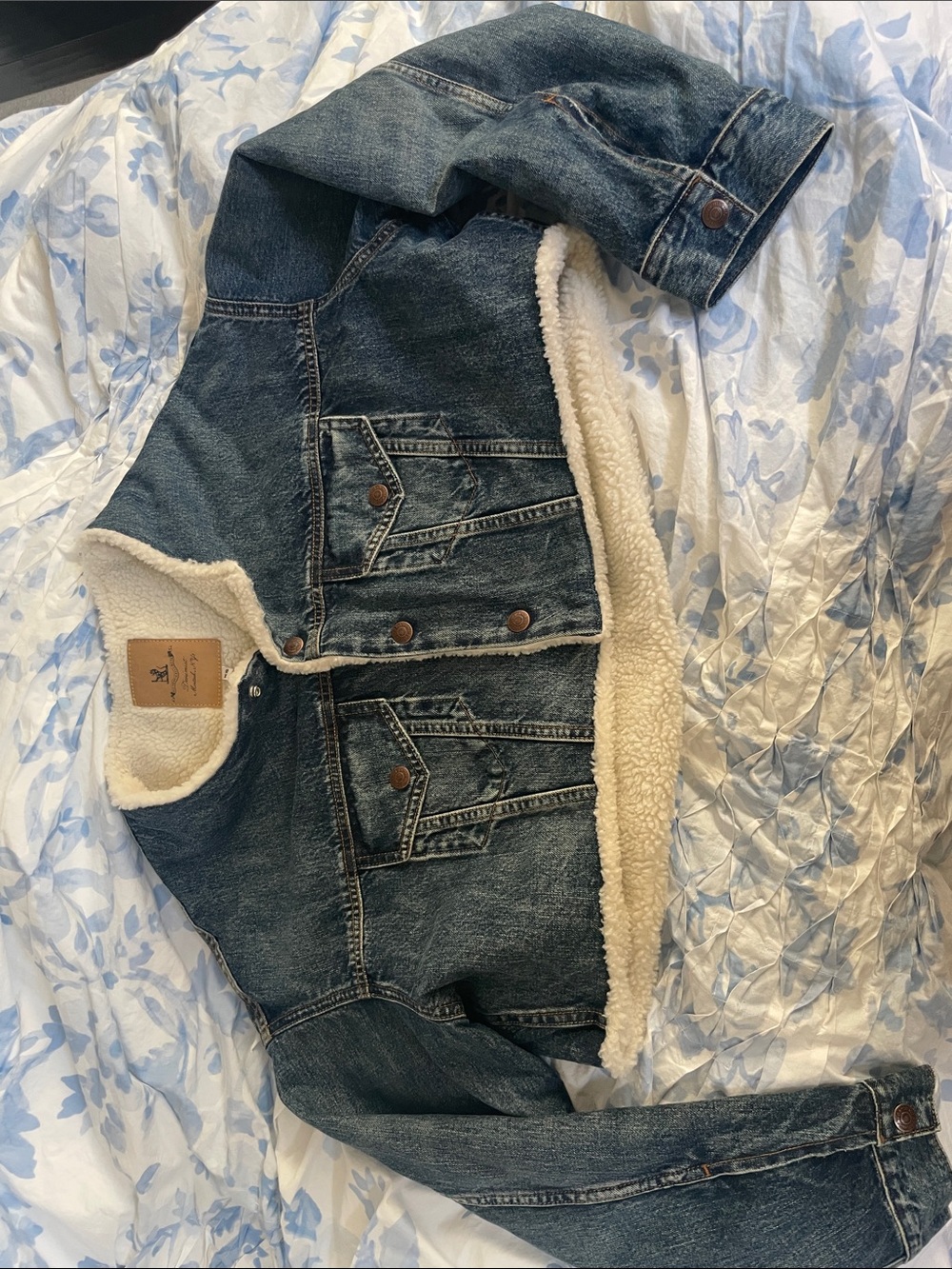 Denimist x Free People Faux Shearling Oversized Cropped Denim Jacket Jean lined - Picture 5 of 10